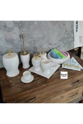Beyaz Mermer Mercan Aparatlı 10 Parça Banyo Seti