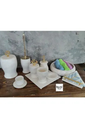Beyaz Mermer Mercan Aparatlı 10 Parça Banyo Seti