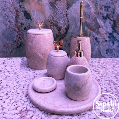 Bej Mermer Rose Gold Bombeli Geyik Detay 7'Li Banyo Seti Bej Mermer Rose Gold Bombeli Geyik Detay 7'Li Banyo Seti