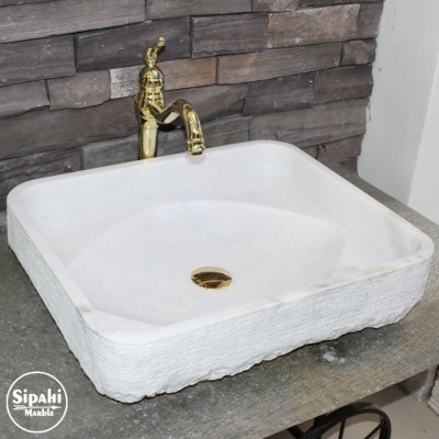 Beyaz Mermer Dışı Taramalı Kedi Gözü Model Lavabo Beyaz Mermer Dışı Taramalı Kedi Gözü Model Lavabo