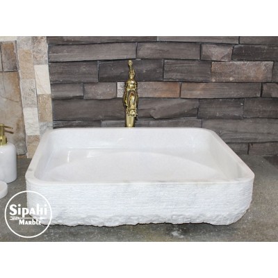 Beyaz Mermer Dışı Taramalı Kedi Gözü Model Lavabo Beyaz Mermer Dışı Taramalı Kedi Gözü Model Lavabo