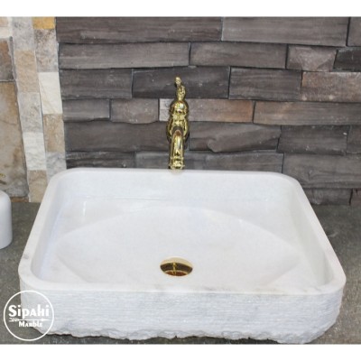 Beyaz Mermer Dışı Taramalı Kedi Gözü Model Lavabo Beyaz Mermer Dışı Taramalı Kedi Gözü Model Lavabo