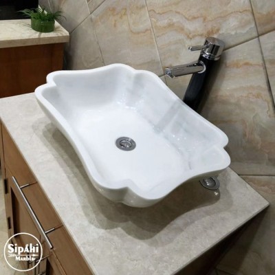 Beyaz Mermer Kenarları Kıvrımlı Kare Lavabo Beyaz Mermer Kenarları Kıvrımlı Kare Lavabo