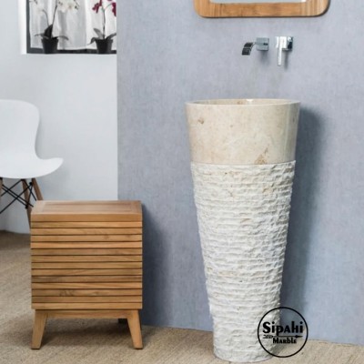 Bej Mermer Dışı Çizik Patlatma Konik Dikey Lavabo Bej Mermer Dışı Çizik Patlatma Konik Dikey Lavabo