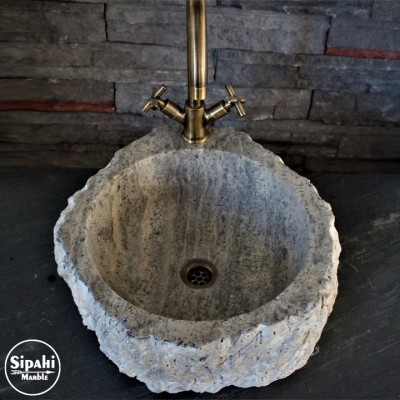 Gümüş Traverten Dışı Patlatma Doğal Tasarım Lavabo Gümüş Traverten Dışı Patlatma Doğal Tasarım Lavabo