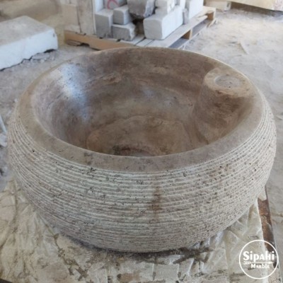 Gümüş Traverten Dışı Taramalı Bombeli Mini Lavabo - Batarya Çıkışlı Gümüş Traverten Dışı Taramalı Bombeli Mini Lavabo - Batarya Çıkışlı