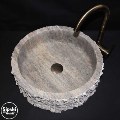 Gümüş Traverten Silindir Dikey Patlatma Lavabo Gümüş Traverten Silindir Dikey Patlatma Lavabo