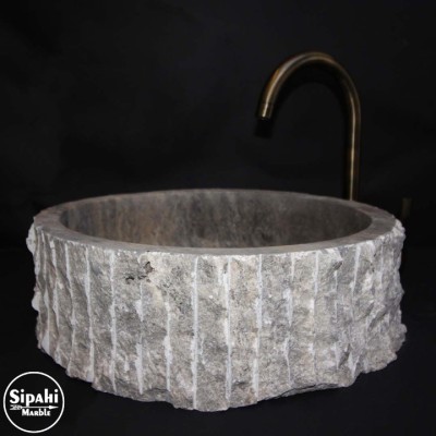 Gümüş Traverten Silindir Dikey Patlatma Lavabo Gümüş Traverten Silindir Dikey Patlatma Lavabo