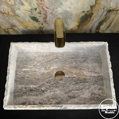Gümüş Traverten İnce Kenar Dikdörtgen Lavabo Gümüş Traverten İnce Kenar Dikdörtgen Lavabo