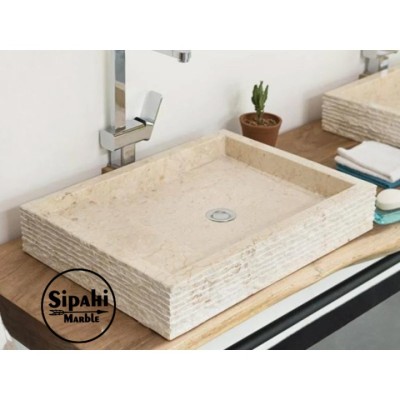 Bej Mermer Sabunluklu Dışı Çizik Kare Lavabo Bej Mermer Sabunluklu Dışı Çizik Kare Lavabo