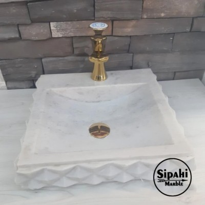 Beyaz Mermer Piramit Dizayn Kare Lavabo - Batarya Çıkışlı Beyaz Mermer Piramit Dizayn Kare Lavabo - Batarya Çıkışlı