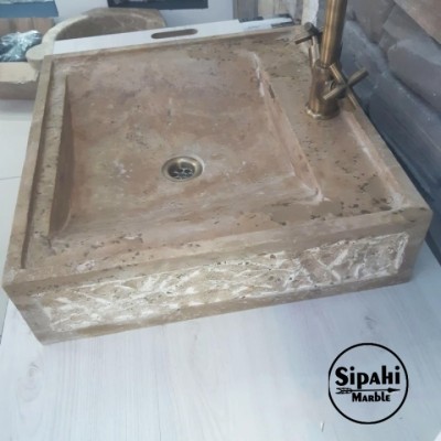 Noche Traverten Rustik Kare Lavabo - Batarya Çıkışlı Noche Traverten Rustik Kare Lavabo - Batarya Çıkışlı