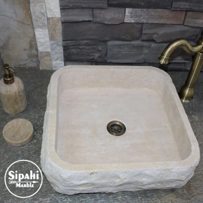 Traverten Doğal Patlatma Kare Lavabo Traverten Doğal Patlatma Kare Lavabo