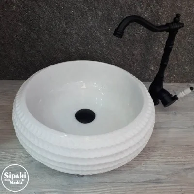 Kristal Beyaz Mermer Özel İşlemeli Bombeli Lavabo Kristal Beyaz Mermer Özel İşlemeli Bombeli Lavabo