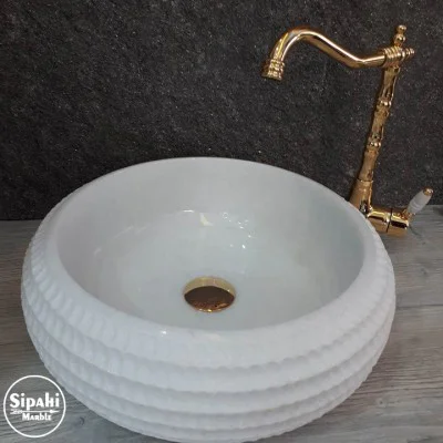 Kristal Beyaz Mermer Özel İşlemeli Bombeli Lavabo Kristal Beyaz Mermer Özel İşlemeli Bombeli Lavabo
