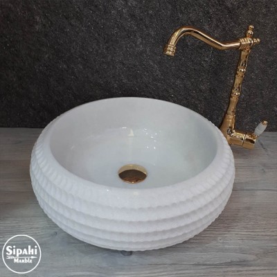 Kristal Beyaz Mermer Özel İşlemeli Bombeli Lavabo Kristal Beyaz Mermer Özel İşlemeli Bombeli Lavabo