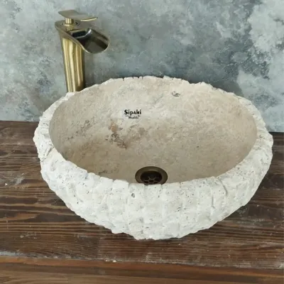 Traverten Dikey Patlatma Çanak Lavabo