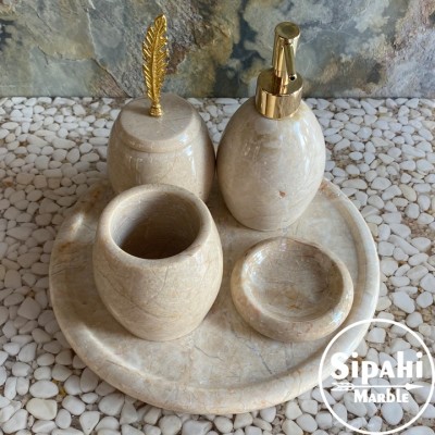 Beige Marble Leaf Detail Gold Apparatus 5 Pcs Bathroom Set Beige Marble Leaf Detail Gold Apparatus 5 Pcs Bathroom Set