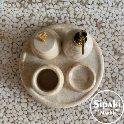 Beige Marble Leaf Detail Gold Apparatus 5 Pcs Bathroom Set Beige Marble Leaf Detail Gold Apparatus 5 Pcs Bathroom Set