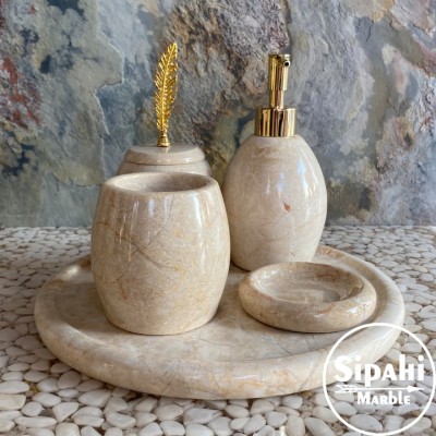 Bej Mermer Yaprak Detay Altın Aparatlı 5'Li Banyo Seti