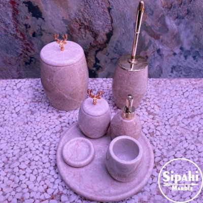 Bej Mermer Rose Gold Bombeli Geyik Detay 7'Li Banyo Seti Bej Mermer Rose Gold Bombeli Geyik Detay 7'Li Banyo Seti