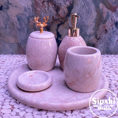 Bej Mermer Rose Gold Bombeli Geyik Detay 5'Li Banyo Seti Bej Mermer Rose Gold Bombeli Geyik Detay 5'Li Banyo Seti