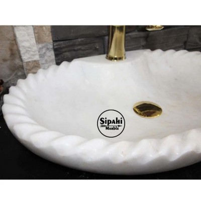 Beyaz Mermer Antik Dizayn Oval Lavabo - Batarya Çıkışlı Beyaz Mermer Antik Dizayn Oval Lavabo - Batarya Çıkışlı