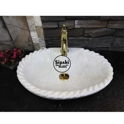 Beyaz Mermer Antik Dizayn Oval Lavabo - Batarya Çıkışlı Beyaz Mermer Antik Dizayn Oval Lavabo - Batarya Çıkışlı