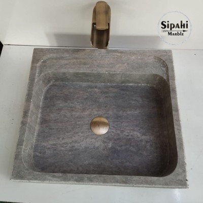 Gümüş Traverten Modern Lavabo Gümüş Traverten Modern Lavabo