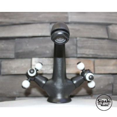 Siyah Çift Kollu Lavabo Bataryası - Porselenli Siyah Çift Kollu Lavabo Bataryası - Porselenli