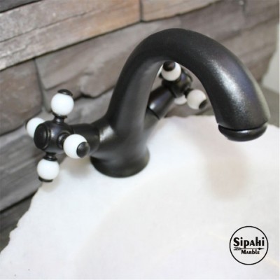 Siyah Çift Kollu Lavabo Bataryası - Porselenli Siyah Çift Kollu Lavabo Bataryası - Porselenli