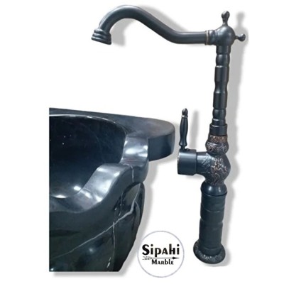 Siyah Bronz  İşlemeli Çanak Lavabo Bataryası -Uzun