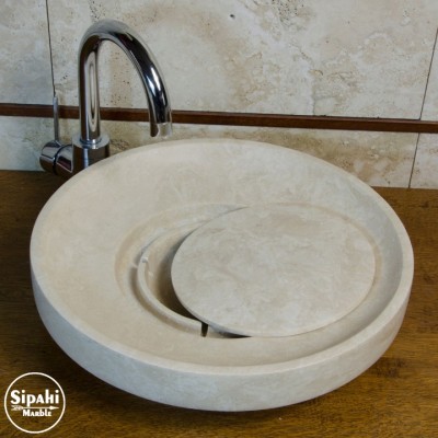 Traverten Katlı Gizli Giderli Yuvarlak Lavabo Traverten Katlı Gizli Giderli Yuvarlak Lavabo