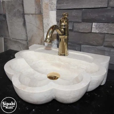 Traverten Papatya Dizayn Lavabo - Batarya Çıkışlı Traverten Papatya Dizayn Lavabo - Batarya Çıkışlı