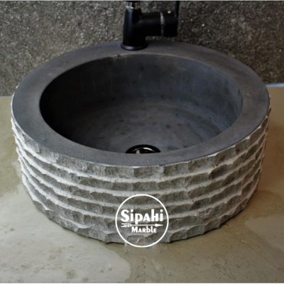 Bazalt Siyah Batarya Çıkışlı Dışı Patlatma Silindir Lavabo Bazalt Siyah Batarya Çıkışlı Dışı Patlatma Silindir Lavabo