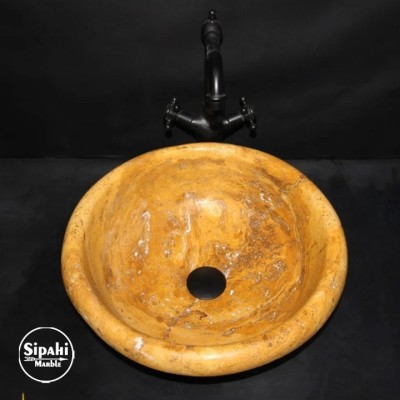 Sarı Traverten Çanak Başlıklı Lavabo Sarı Traverten Çanak Başlıklı Lavabo