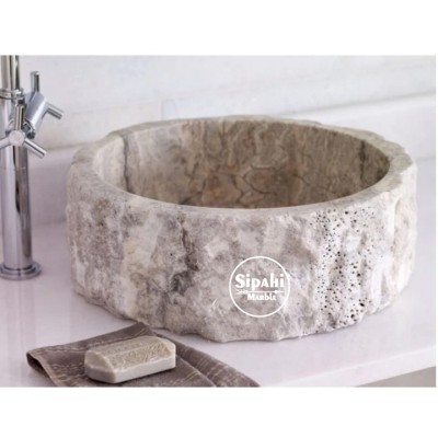 Gümüş Traverten Eskitme Silindir Lavabo Gümüş Traverten Eskitme Silindir Lavabo