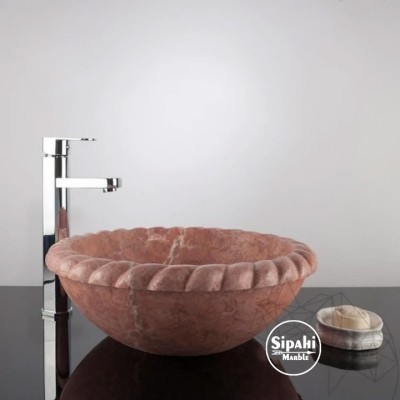 Kırmızı Traverten Etrafı Burmalı Çanak Lavabo Kırmızı Traverten Etrafı Burmalı Çanak Lavabo