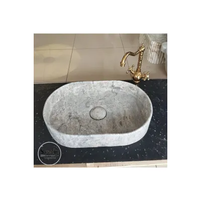 Gümüş Traverten Gizli Giderli Oval Dizayn Lavabo Gümüş Traverten Gizli Giderli Oval Dizayn Lavabo