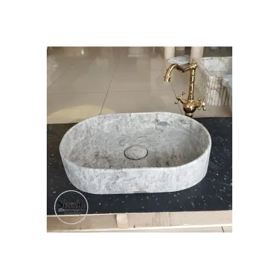 Gümüş Traverten Gizli Giderli Oval Dizayn Lavabo Gümüş Traverten Gizli Giderli Oval Dizayn Lavabo
