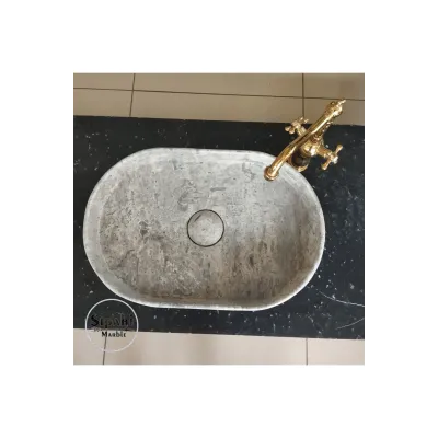 Gümüş Traverten Gizli Giderli Oval Dizayn Lavabo Gümüş Traverten Gizli Giderli Oval Dizayn Lavabo