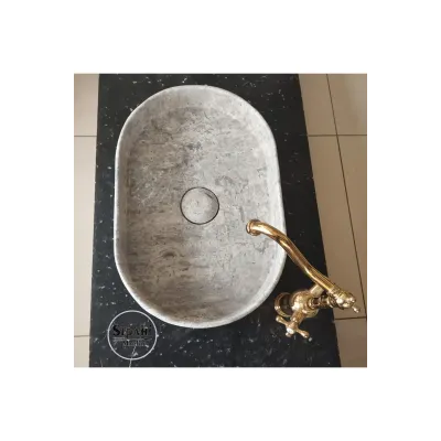 Gümüş Traverten Gizli Giderli Oval Dizayn Lavabo Gümüş Traverten Gizli Giderli Oval Dizayn Lavabo