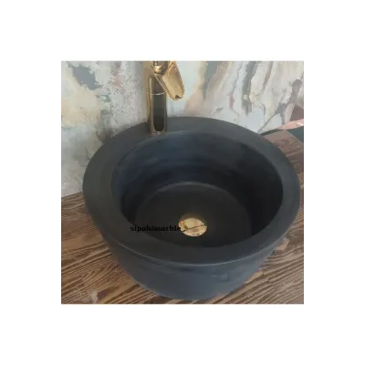 Bazalt Siyah Batarya Çıkışlı Yuvarlak Lavabo Bazalt Siyah Batarya Çıkışlı Yuvarlak Lavabo