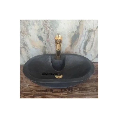 Bazalt Siyah Batarya Çıkışlı Oval Lavabo Bazalt Siyah Batarya Çıkışlı Oval Lavabo