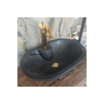 Bazalt Siyah Batarya Çıkışlı Oval Lavabo Bazalt Siyah Batarya Çıkışlı Oval Lavabo