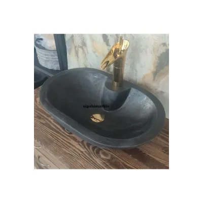 Bazalt Siyah Batarya Çıkışlı Oval Lavabo Bazalt Siyah Batarya Çıkışlı Oval Lavabo