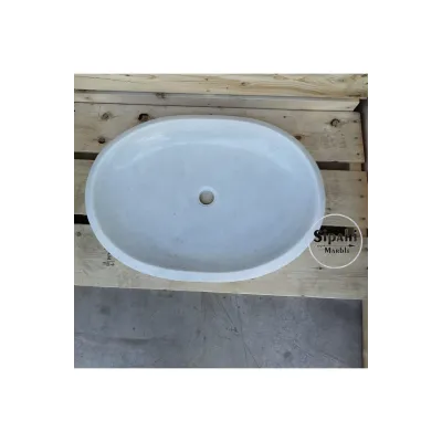 Gri Mermer Tek Batarya Çıkışlı Lavabo Beyaz Mermer Oval Lavabo
