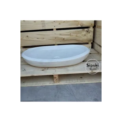 Gri Mermer Tek Batarya Çıkışlı Lavabo Beyaz Mermer Oval Lavabo