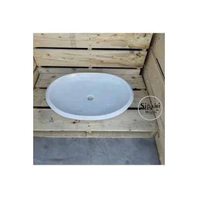 Gri Mermer Tek Batarya Çıkışlı Lavabo Beyaz Mermer Oval Lavabo