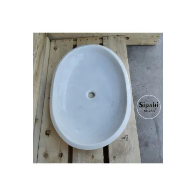 Gri Mermer Tek Batarya Çıkışlı Lavabo Beyaz Mermer Oval Lavabo